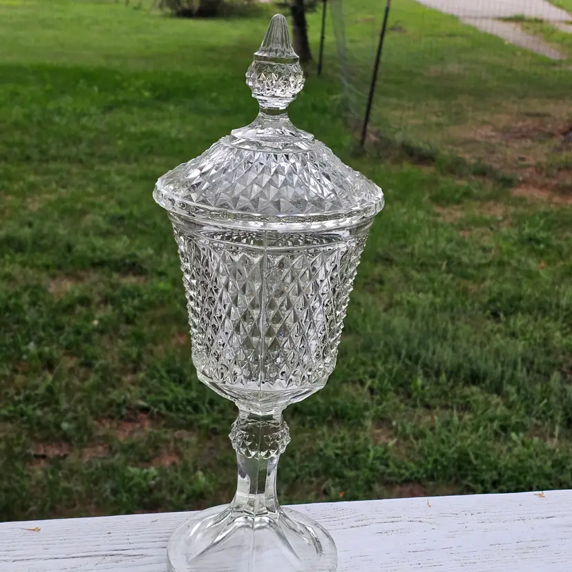Pedestal candy dish apothecary jar 16"  Vintage urn Indiana glass