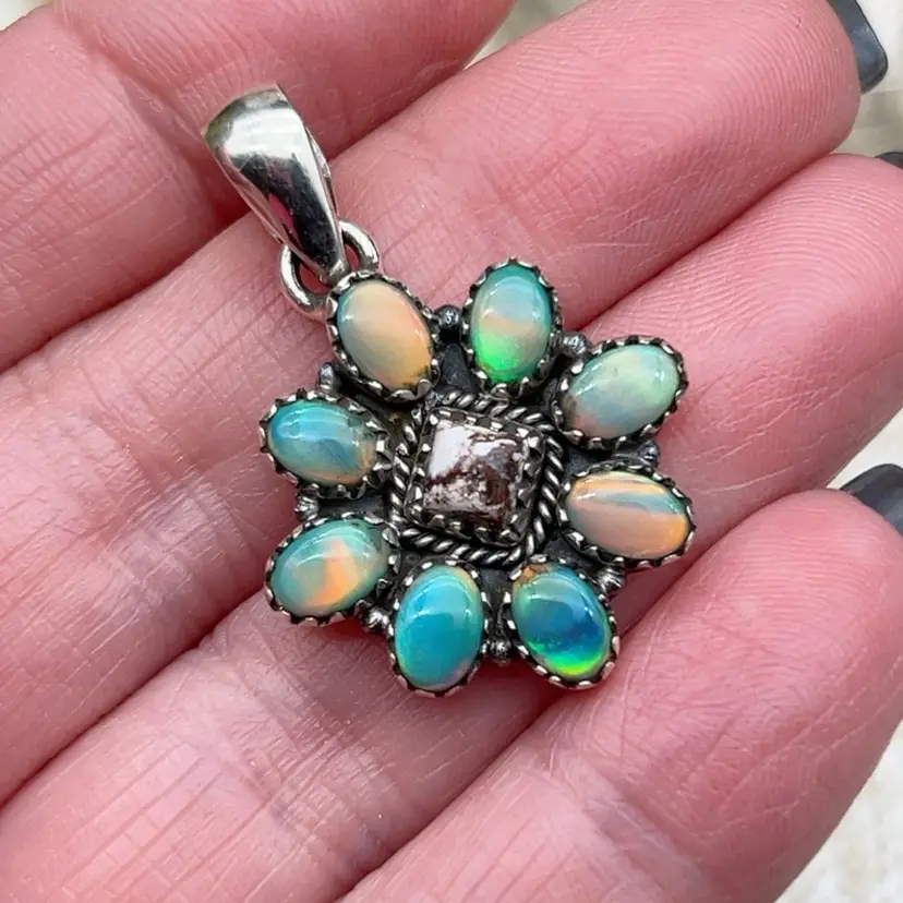 #01 Good Gems For You 925 Sterling Silver Opal Floral Cluster Pendant 1.25”