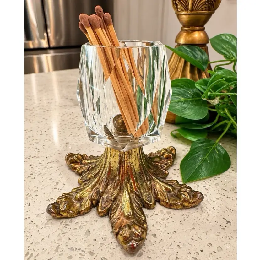 😻 Hollywood Regency Faceted Crystal Glass Match Holder or votive holder – Ornate Gold Tone Metal Base