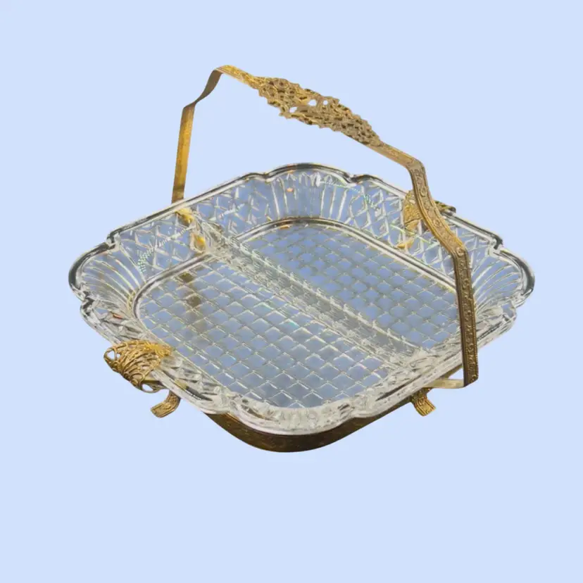 #380- Vintage Divided Condiment Relish Dish  Glass On Brass Serving Golden Handled Tray Trinket Dish