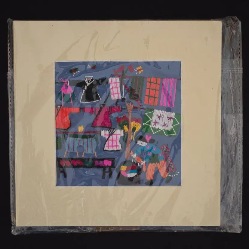 Folk Art Textile Embroidery Asian Scene on Silk Glued to Board Small 7¾" Square