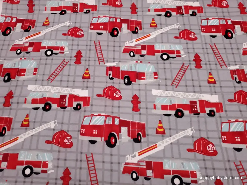 Fire Trucks on Plaid Flannel Fabric Remnant - 100% Cotton - Choose Size - Soft Craft & Quilting Fabric