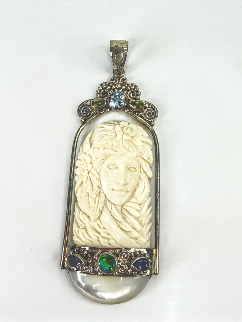 Vintage Sajen Sterling Carved Goddess multiple gems Pendant 31.9g 4" JR2052