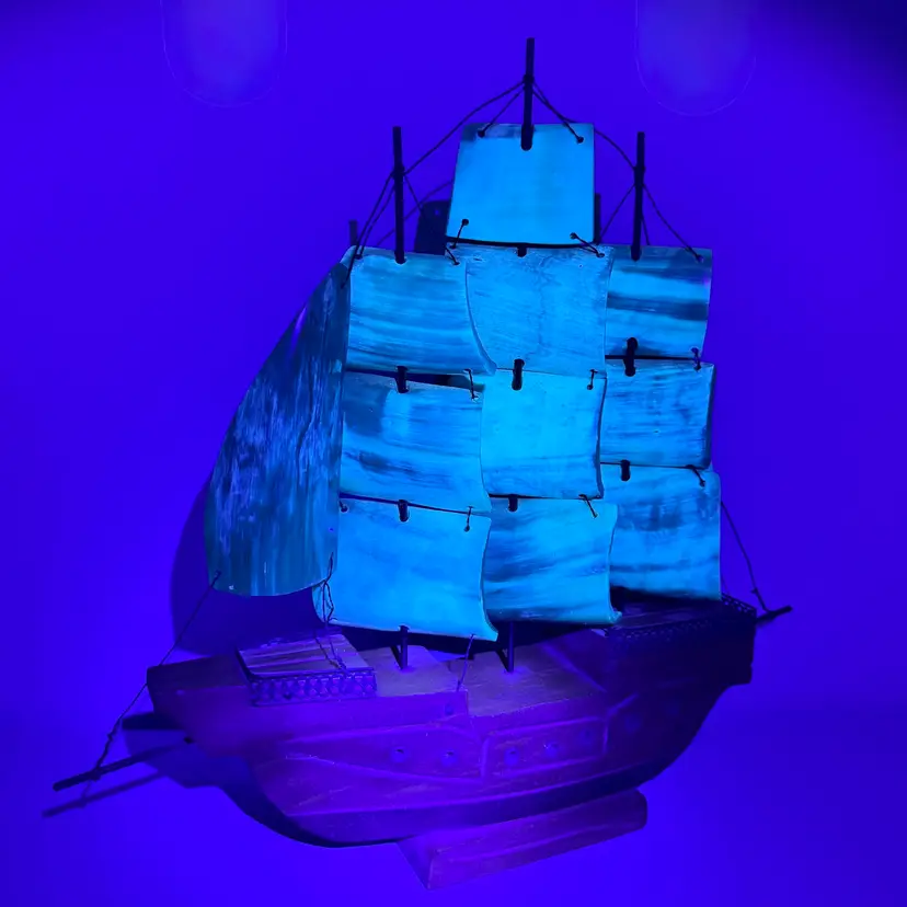 Cow Horn Galleon Wooden Ship. UV Reactive. 13.5”x 12.5”x 2.25”