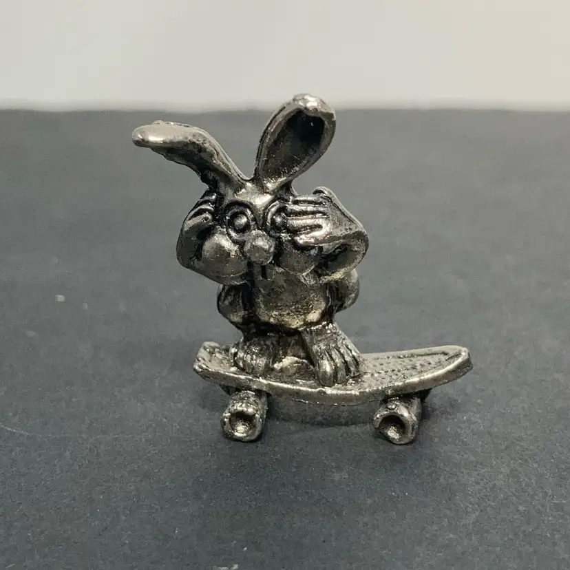 Miniature Skateboarding Rabbit! 1 1/4” Tall! Made Of Pewter!