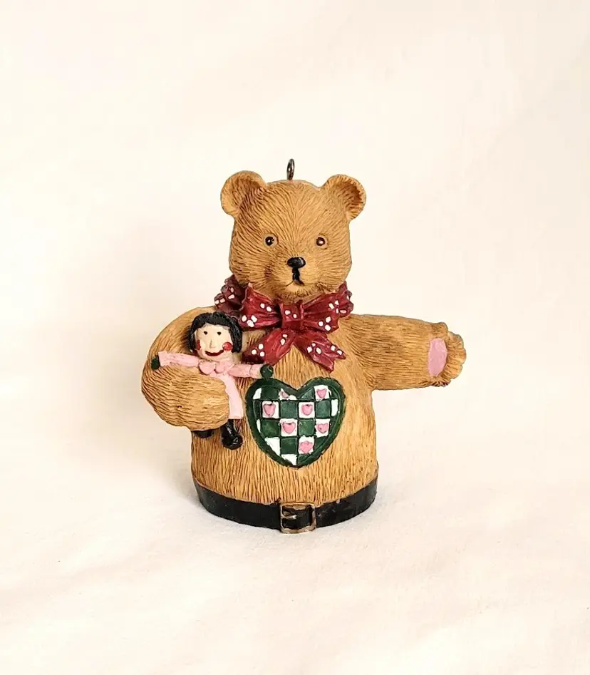 Vintage Resin Teddy Bear Holding Doll Christmas Ornament