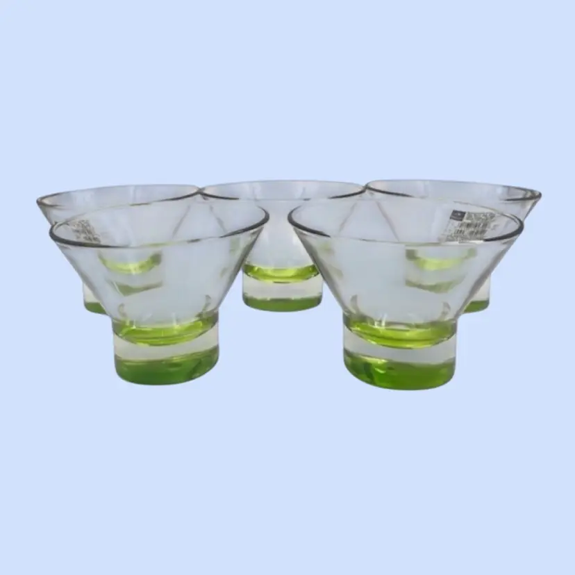 #104- Bormioli Dessert Dish Set Green Martini Glass Ypsilon Pattern by 5pc Rocco Italy Easter Springtime Entertaining