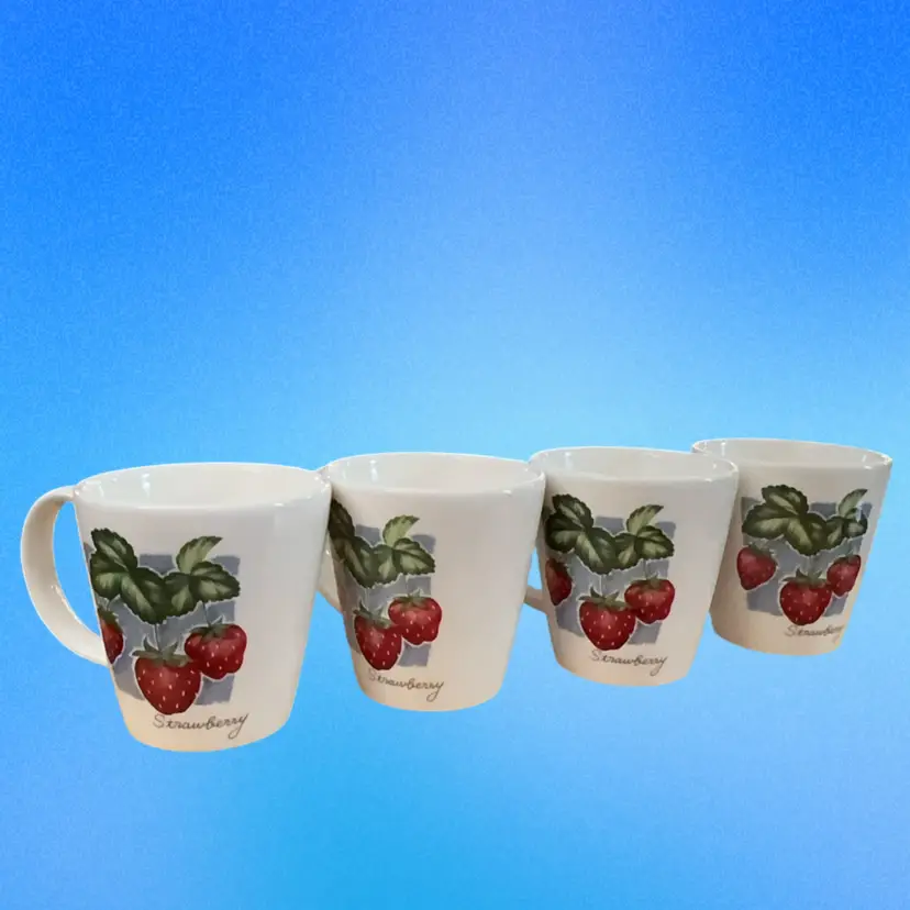 CM19    NWOT Set of 4 White Corona “Harvest Time” Ceramic Coffee Mugs with Strawberries