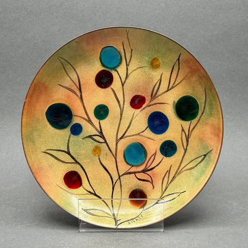 Vintage Hilary “Tree Of Life” Enamel on Copper Floral Plate with Glass Cabochons