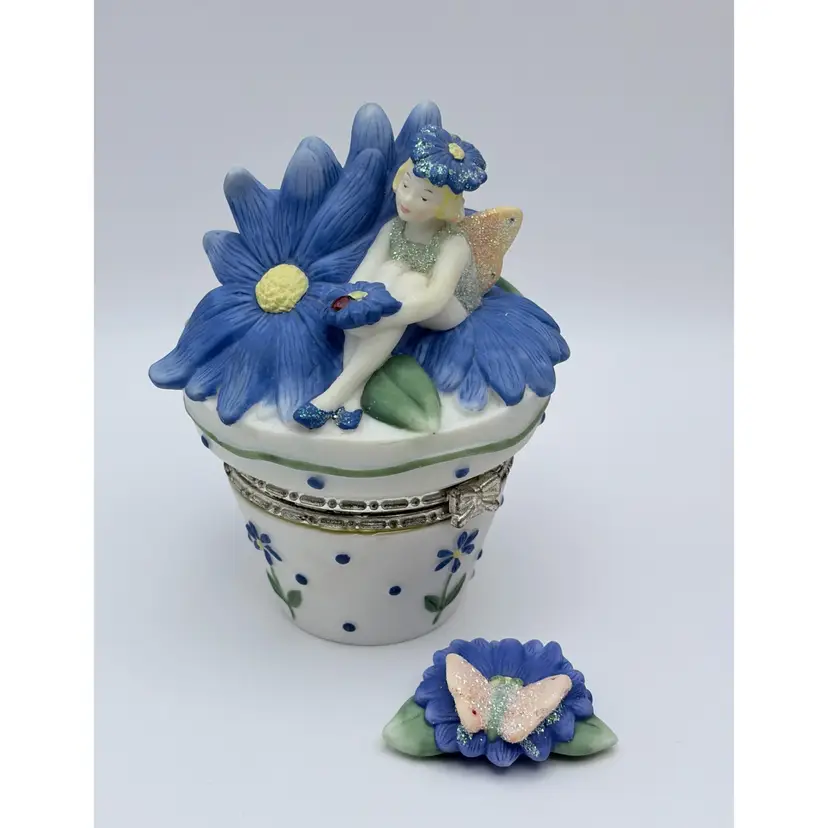 Vintage, Pfaltzgraff, Porcelain Trinket Box, Fairy, Ladybug, Butterfly Trinket