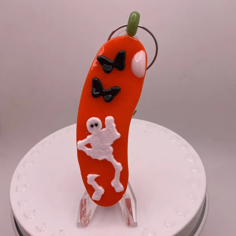 Made by Me! Fused Glass Scary Skeleton “In a Pickle" Ornament 3.25” Handcrafted Studio Art