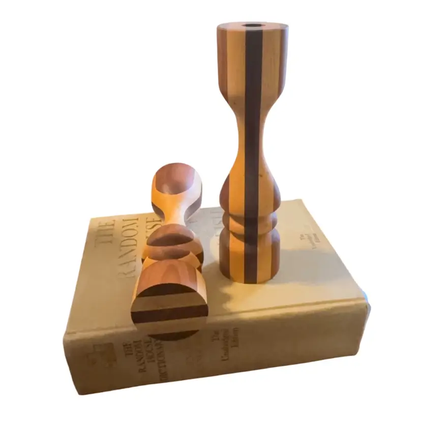 Vintage Pair Hand Turned Inlaid/Layered Solid Wood Two-Tone Candlestick Holders