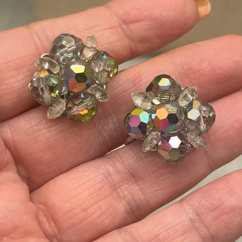 #01 Vintage Aurora Borealis Crystal Cluster Clip-On Earrings Clear & Smoke Gray Beads