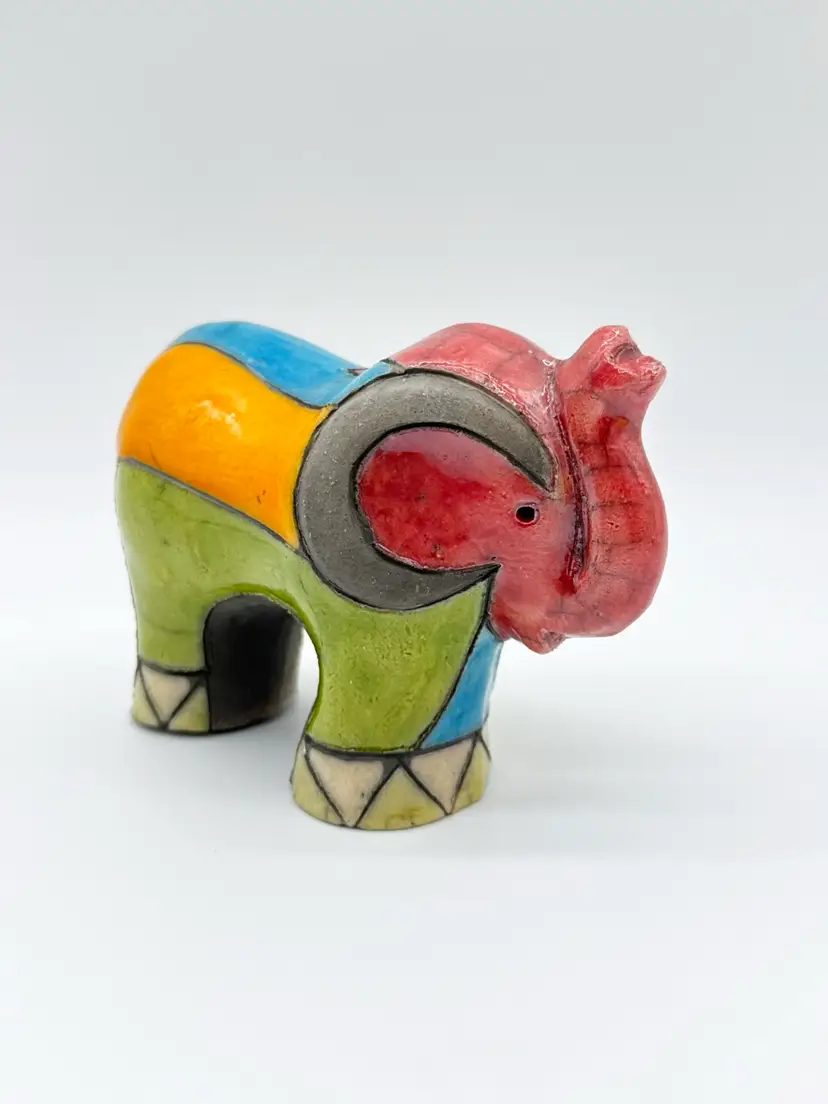 African Raku Pottery Colorful Elephant Figurine Trunk Up