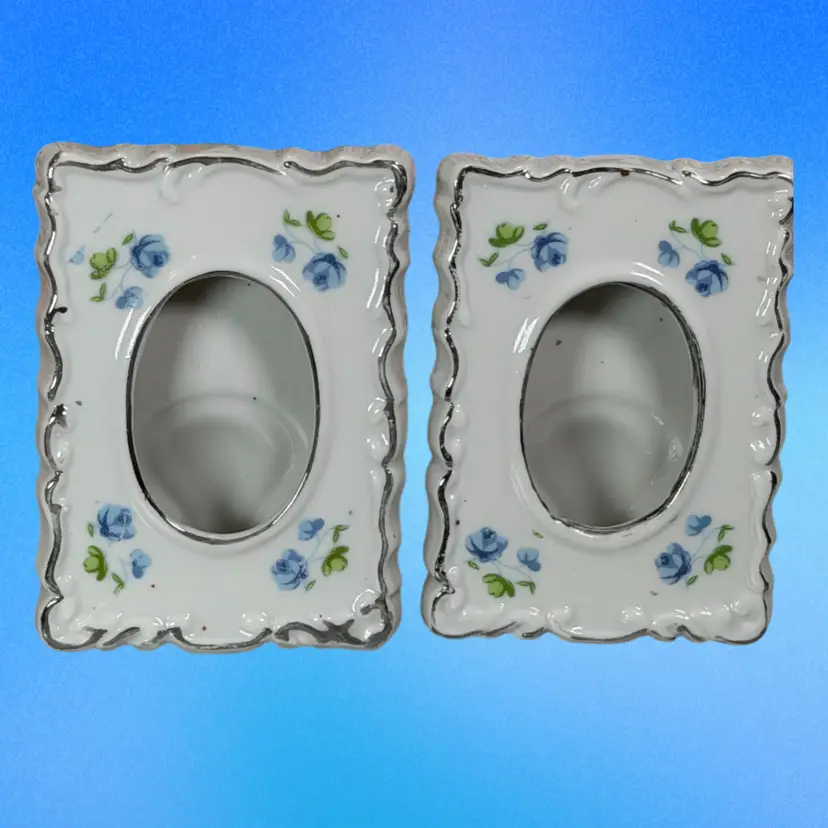 Vintage Porcelain Wall Match Holders | Blue Floral & Silver Trim | Set of 2 | Cottage Farmhouse Décor