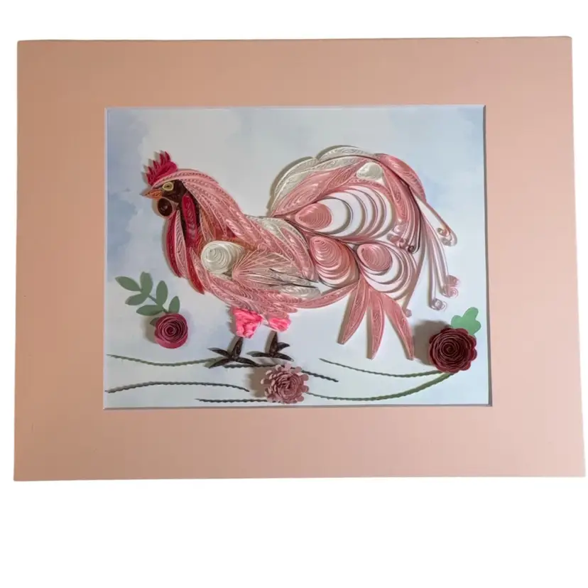 Original Quilled Pink Chicken 8 X 10” In 11 X 14” Pink Matte