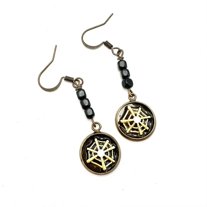 Spider Web Earrings Made By Me Resin Mixed Metals AB Accent Glass Beads 2”L X .5”W