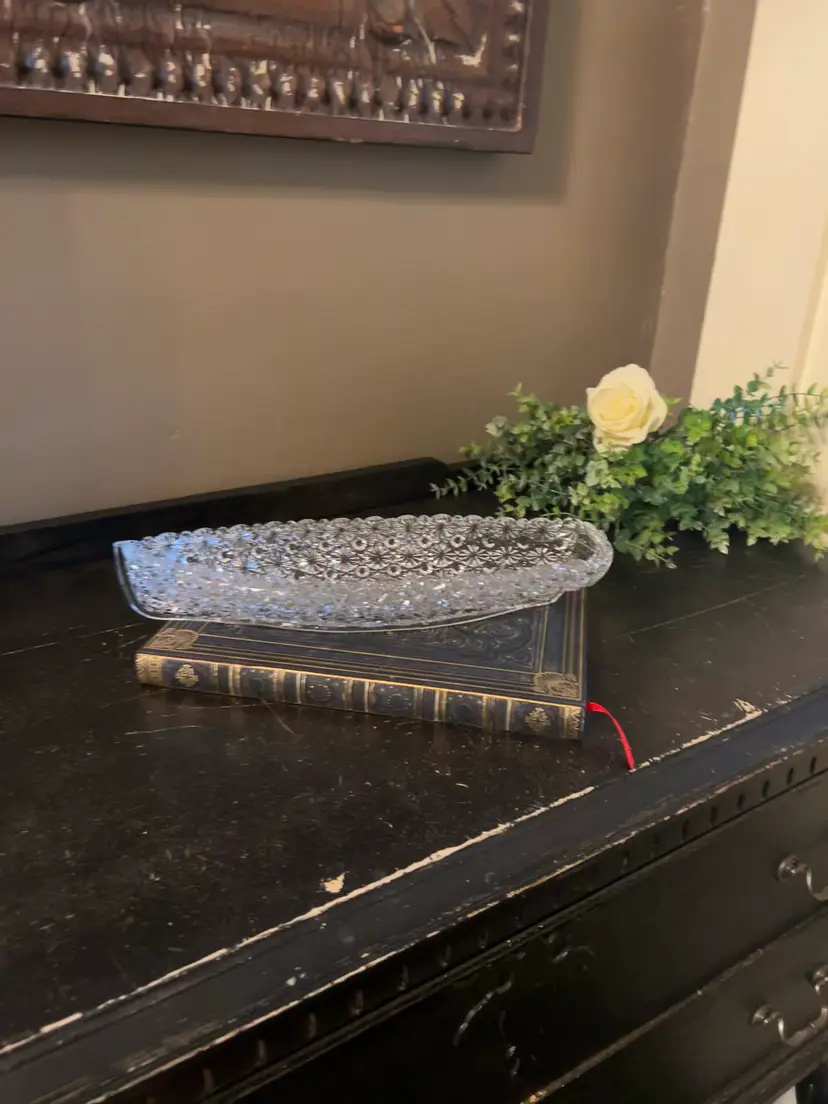Antique EAPG 14" Celery Boat Yacht Dish Daisy & Button Clear Glass c. 1884