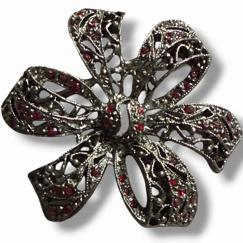 Black Metal Red Rhinestone Flower Bow Brooch