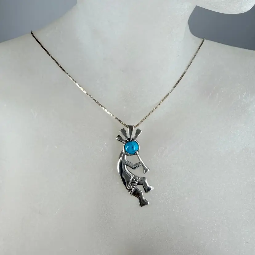 Vintage Signed Jim Calladitto Navajo Sterling Silver & Turquoise Kokopelli Pendant Necklace – 4.0g, 18” Italian Box Chain NIB Not Tested