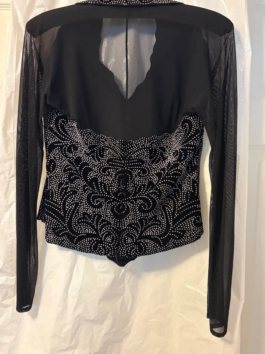 Elegant Black Rhinestone Top with Sheer Sleeves