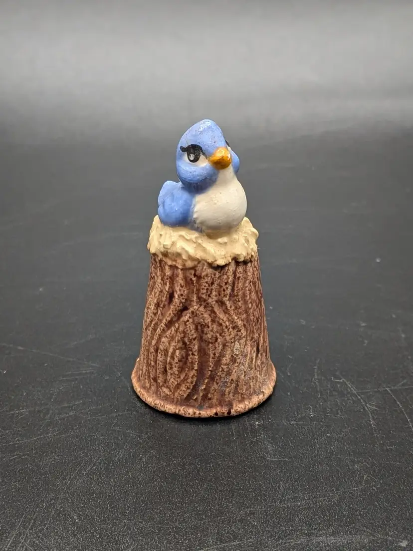 Adorable Ceramic Hand-painted Thimble Bluebird Blue Bird on Nest ANTHRO Anthropomorphic Kitsch