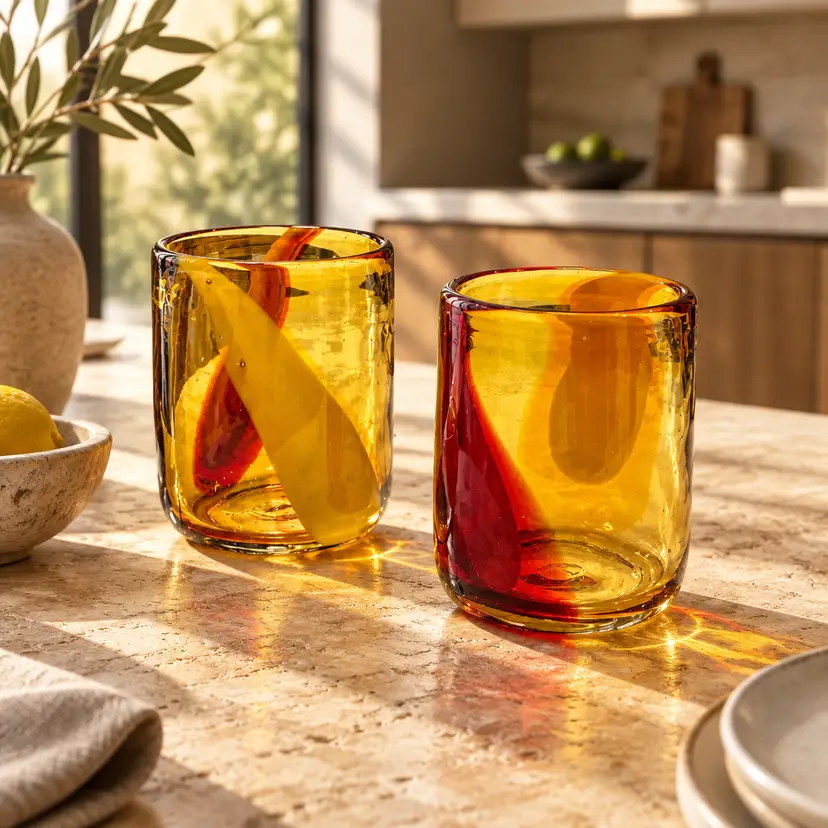 1990's Pier 1 Imports Handblown Amber & Red Swirl Glass Tumblers, 4"