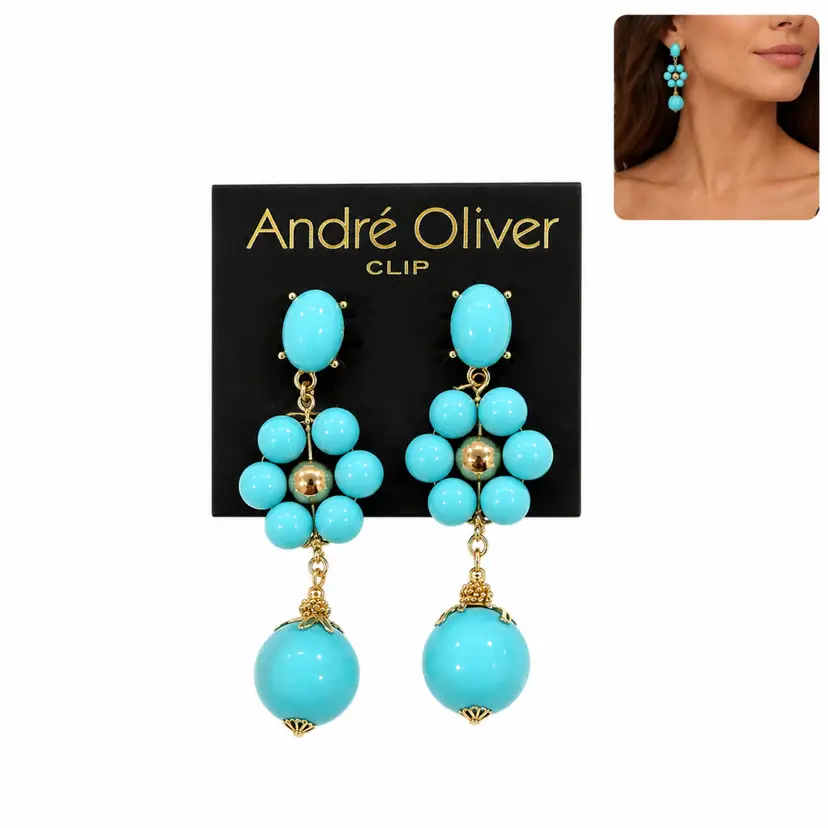 Andre Oliver Turquoise Clip On Earrings Dangle Drop Flower Statement