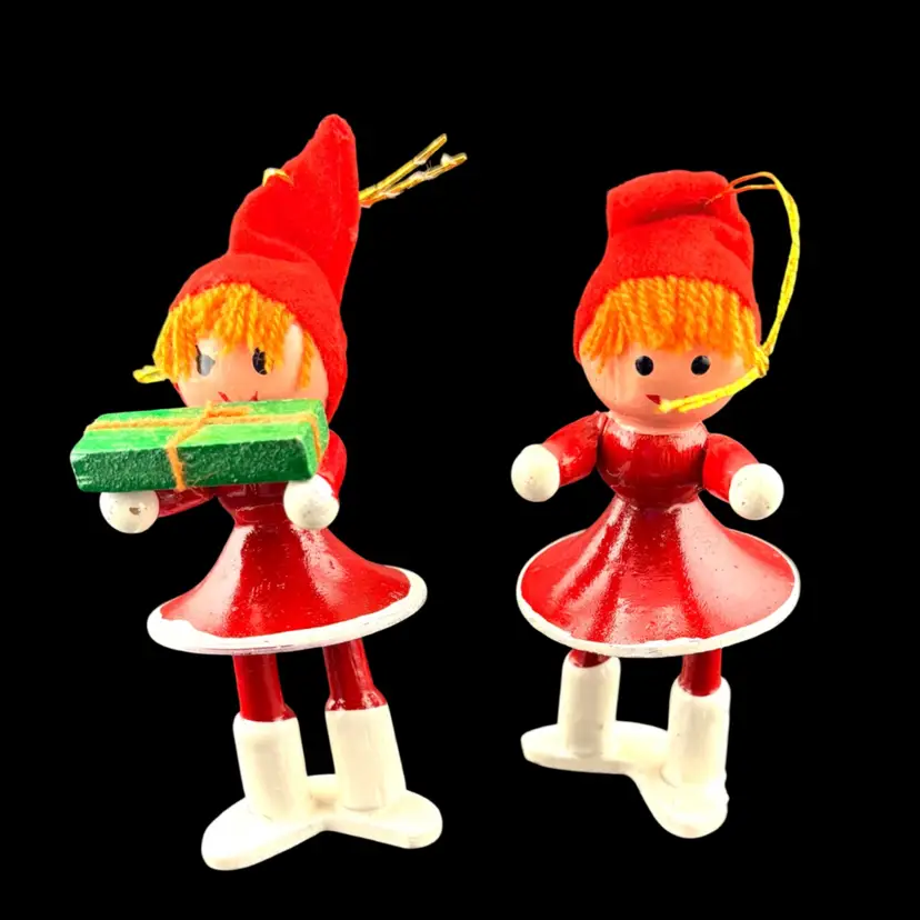 Vintage Set Of 2 Wooden Pixie Ornaments 4” Tall x 1.5” Wide x 1.75” Deep