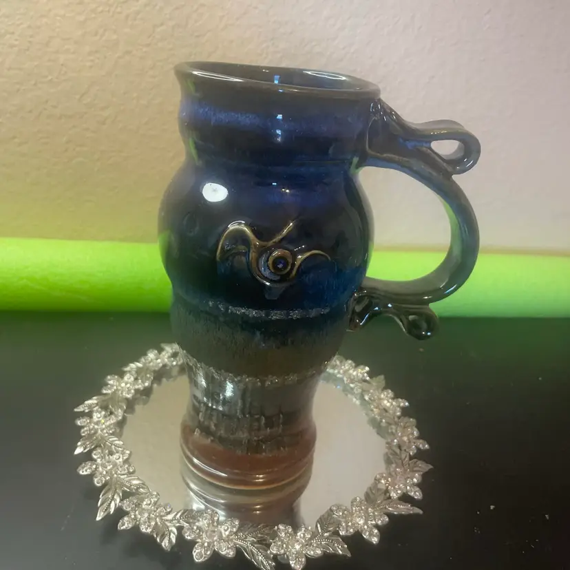 Handmade Ceramic Mug by Alan Miner NM featuring a blue drip glaze and a unique sculpted handle