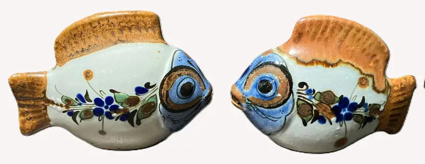 2 VTG Tonala Flowered Pottery Fish Brown Blue Mexico