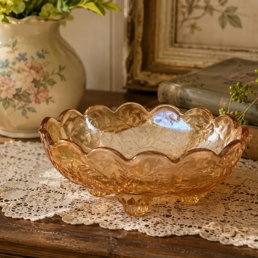 Vintage Jeannette Floragold Iridescent Footed Candy Dishes (2)