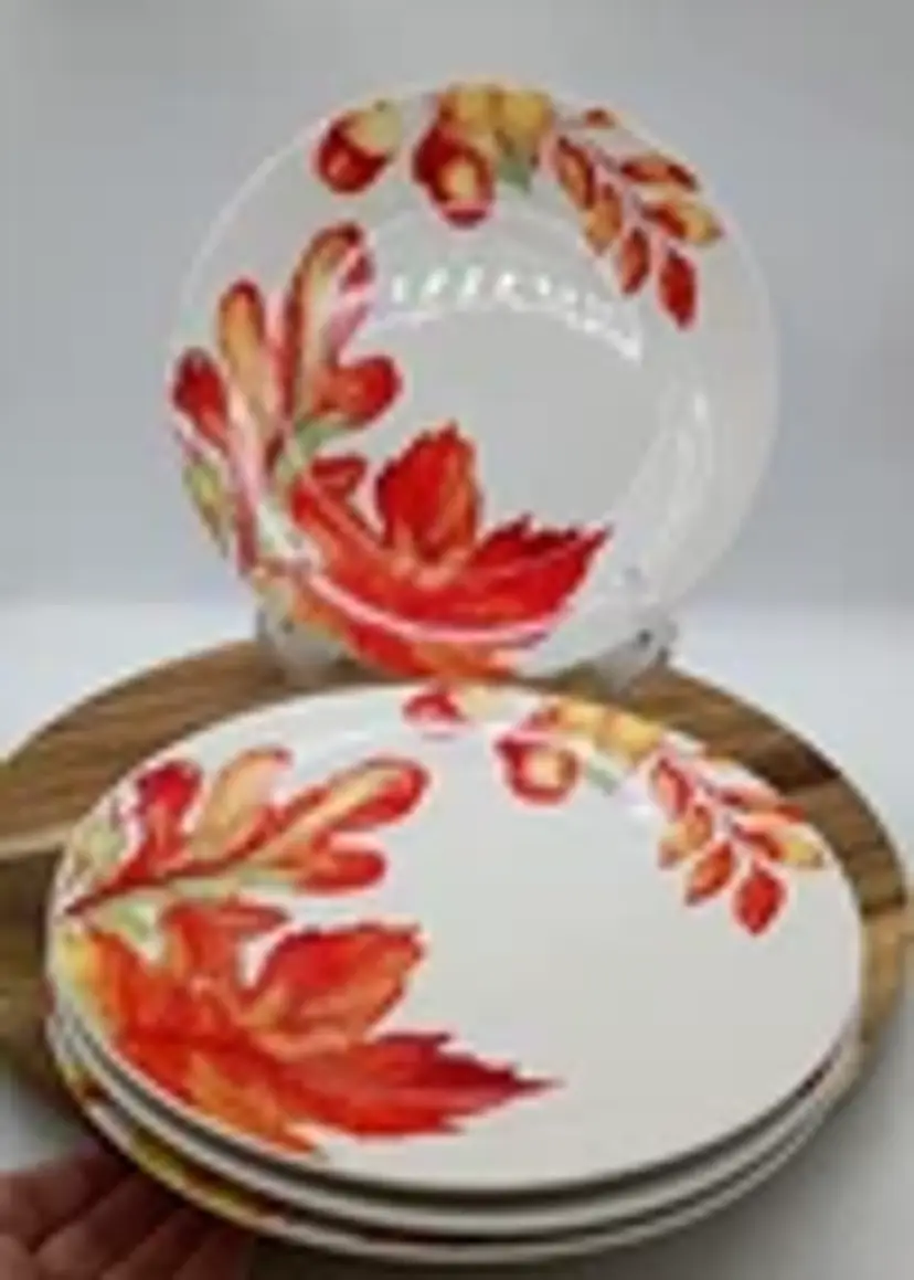 Royal Norfolk 10.5" Autumn Fall Leaves Dinner Plates White Set of 4.
