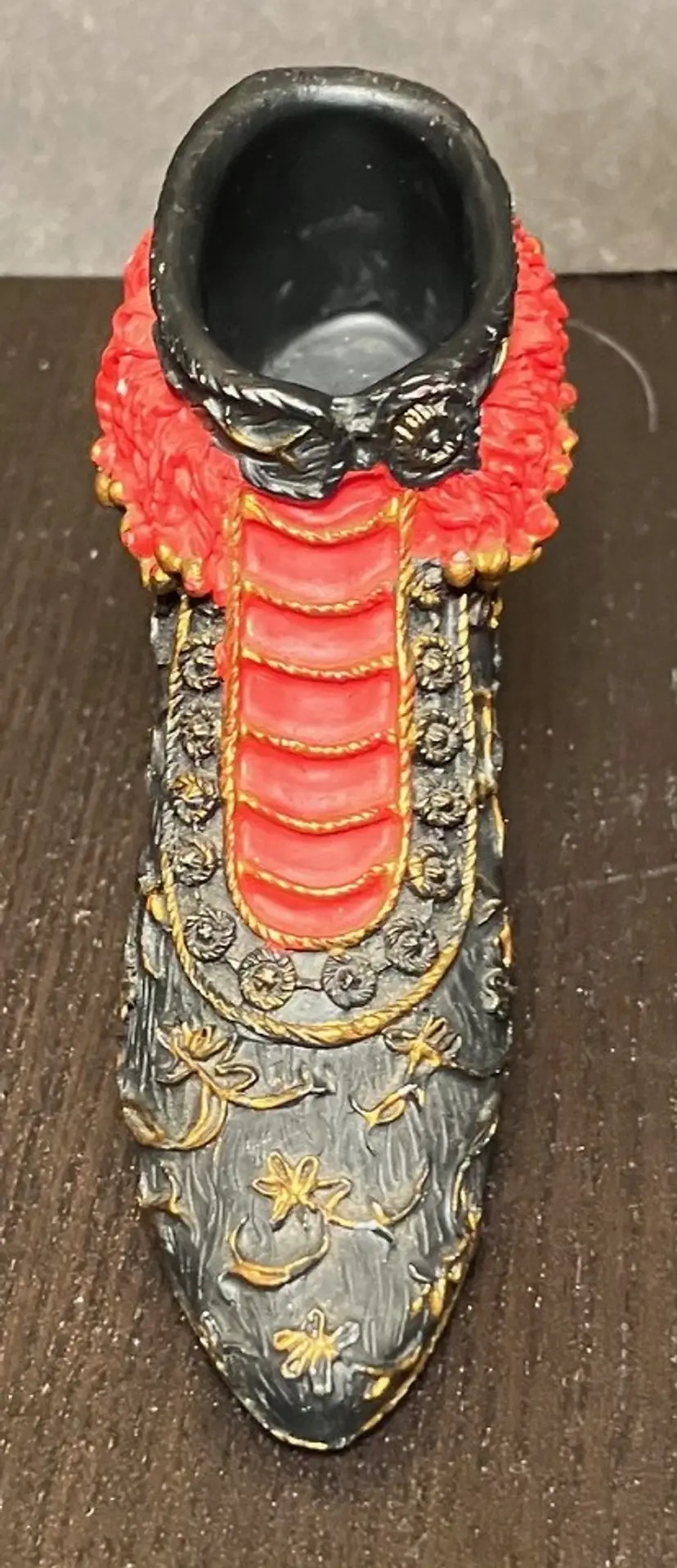 VTG Miniature Resin Shoe Black and Red Gold Accents