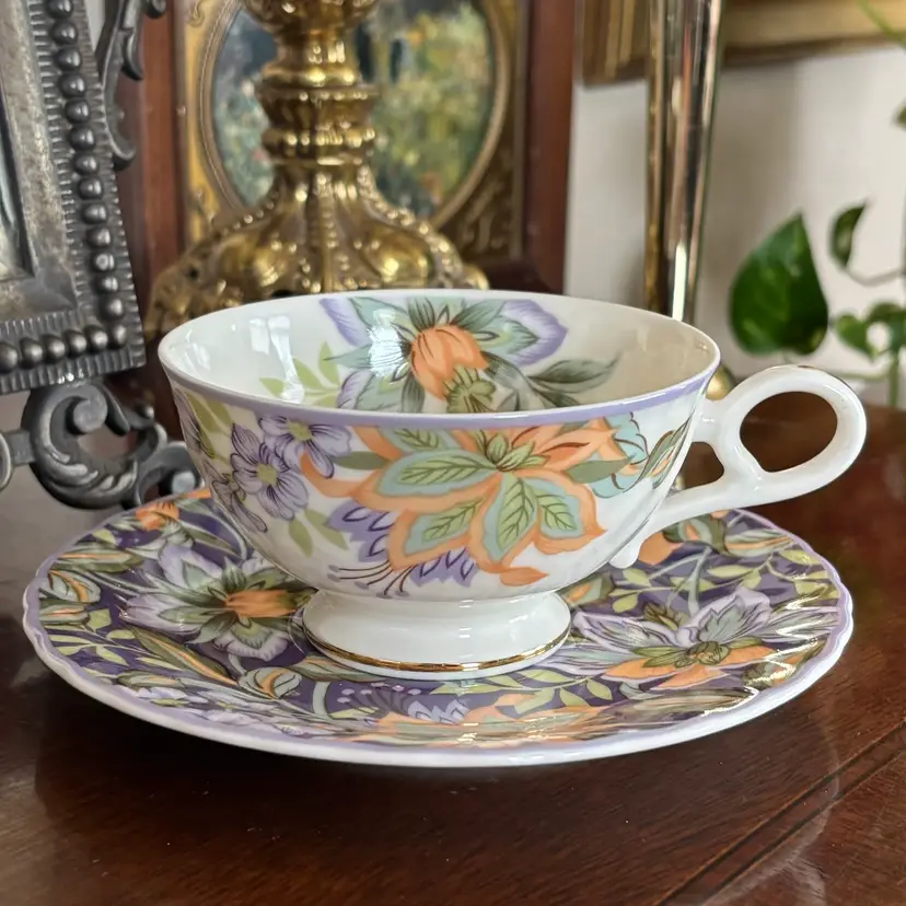 🐇Vintage Exceed Bon St Honore Japan Green Orange & Purple Floral Teacup and Saucer