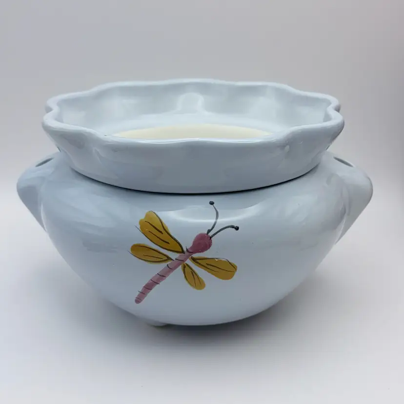 Vintage Ceramic *African Violet Planter Self  Watering Dragonfly Pot Light Blue