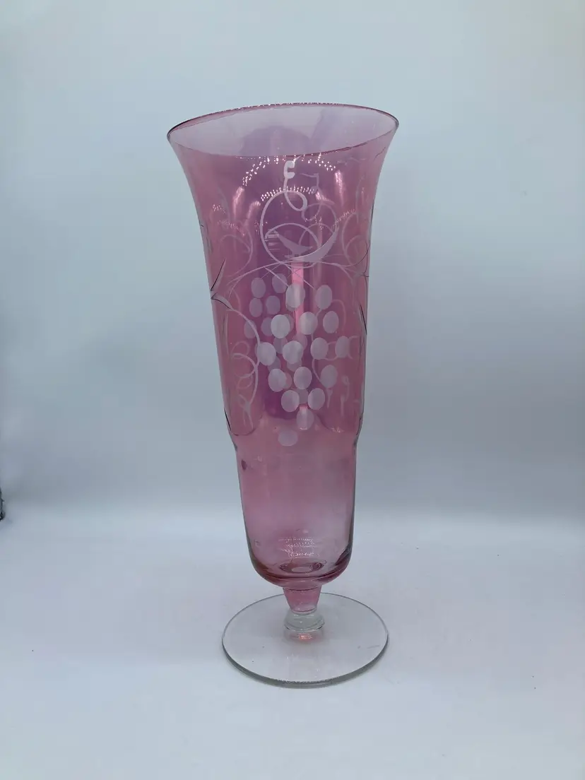 Pink Depression Glass Vase Large Tall Grapes Etched