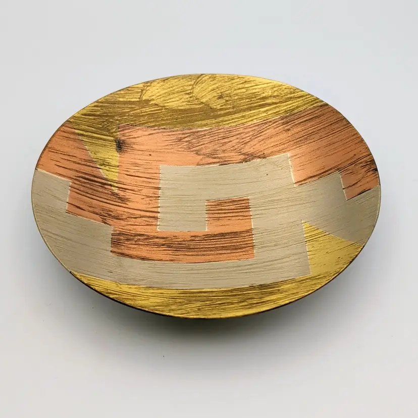 Vtg Mexican Copper Brass Nickel Modernist Aztez Round Catchall Trinket Dish
