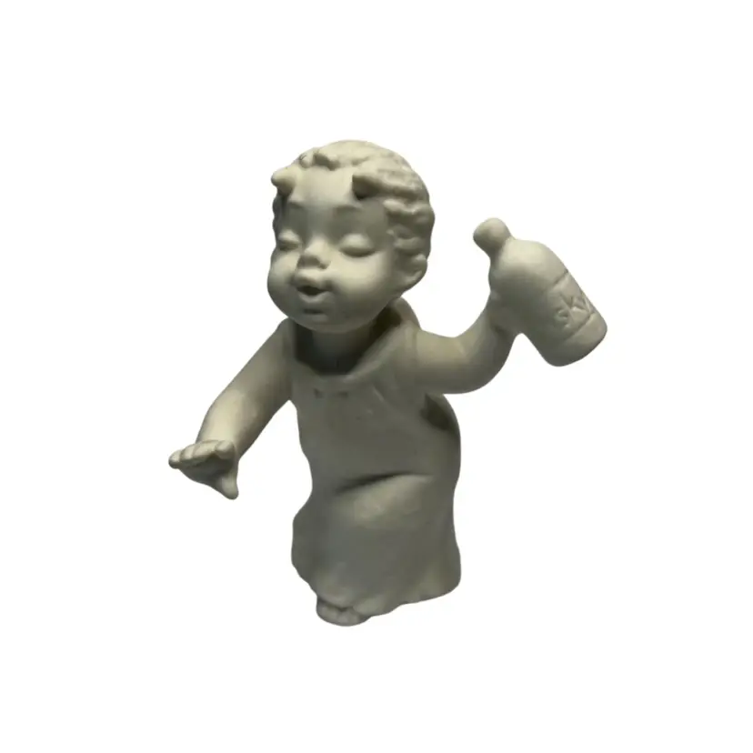Vintage Rare Matte Bisque Porcelain Goebel Figure Depicting Mischievous Devil Child Holding Bottle Of Whiskey @4 1/2” Tall