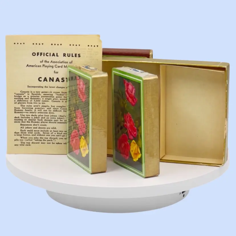 #115- Vintage Canasta Playing Cards Ephemera Canasta Game Rose Sealed & Stamped Gold Edge Original Box & Instructions