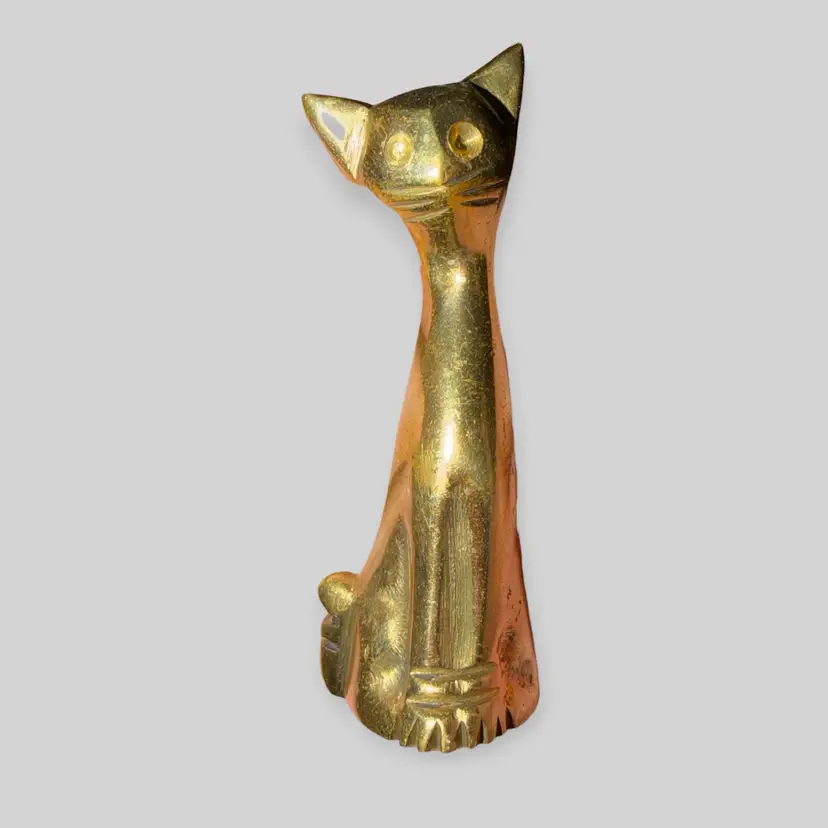 Vintage Mid Century Modern Solid Brass Long Neck Cat Figurine 2.5” Rare