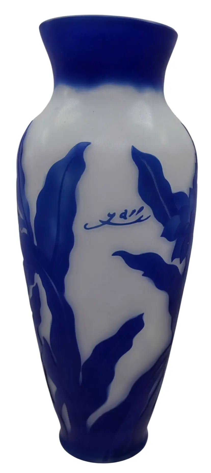 REPRODUCTION GALLE WHITE AND BLUE FLORAL CAMEO VASE 11 1/2" TALL