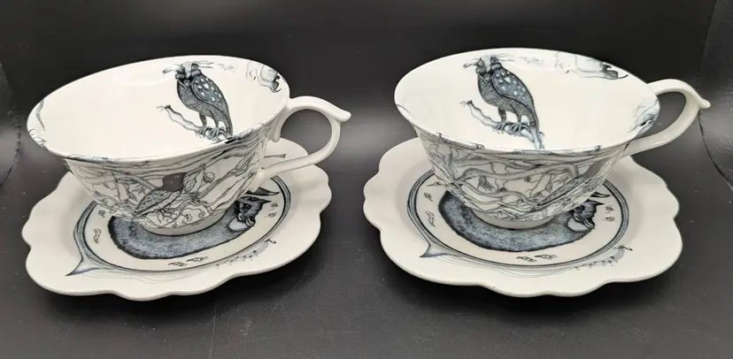 2 Forest Fiddler Cup and Saucer Sets by Florence Baldacci for Anthropologie