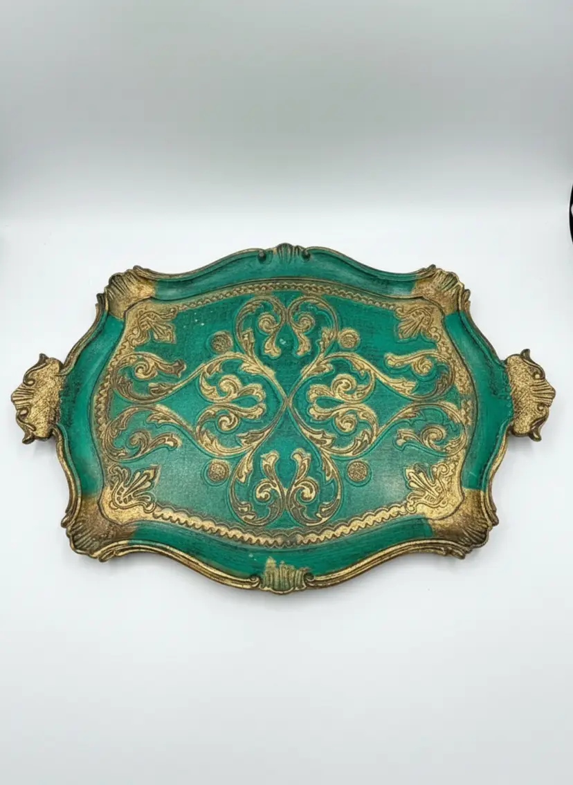 Florentine- Green & Gold Painted Wooden Serving Tray w/ Handles- made in Italy