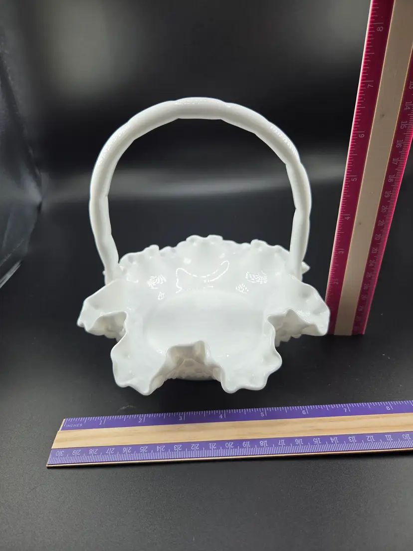Vintage Fenton White Milk Glass Hobnail Basket with Ruffled Rim