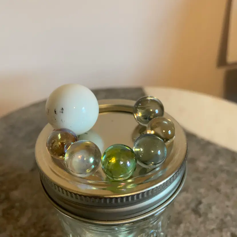 6 Multi Color Clear Glass Marbles And A Big White Shooter