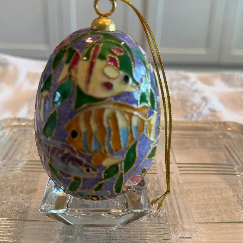 Vintage Cloisonne’ Enameled 3.5” Egg Colorful Tropical Fish Motif