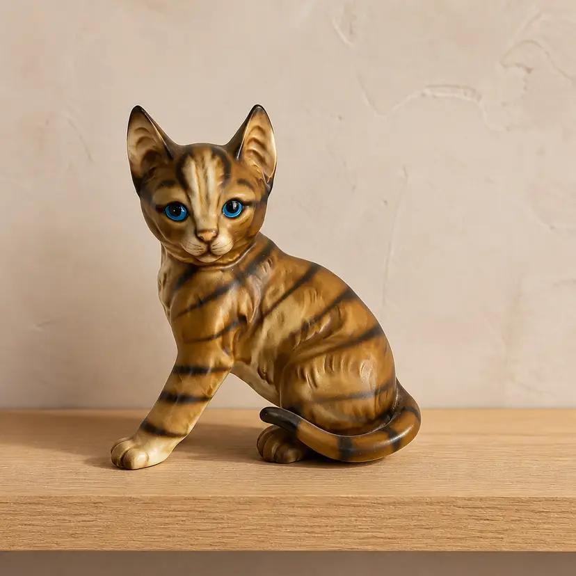 1960-70's Tokai Tabby Cat Figurine w/ Striking Blue Eyes, Made In Japan, 7.5"