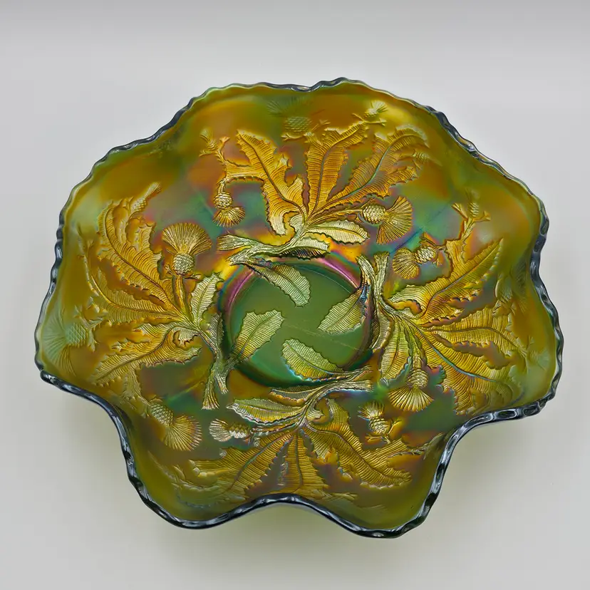 Antique Fenton Green Thistle Carnival Glass Ruffled Edge Bowl