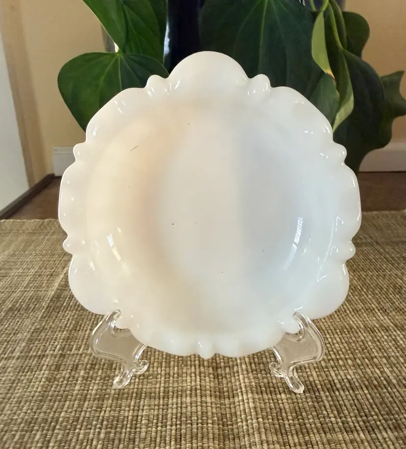 Vintage 5” White Milk Glass Leaf-Pattern Bowl With Scalloped Edge